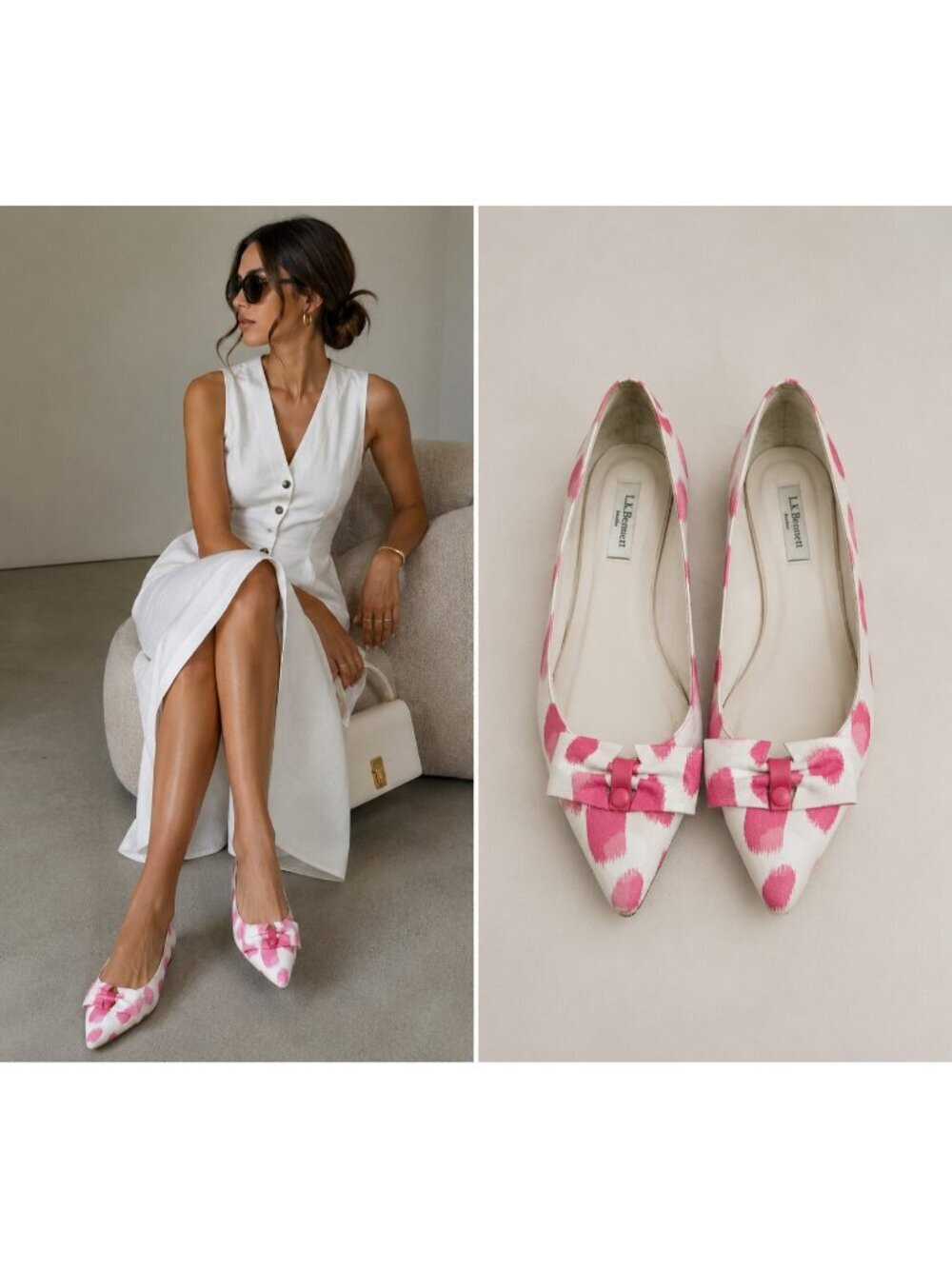 L.K. Bennett London Ballet Flats EU 41US 10.5 Pink White Leather Bow Pointed Toe
